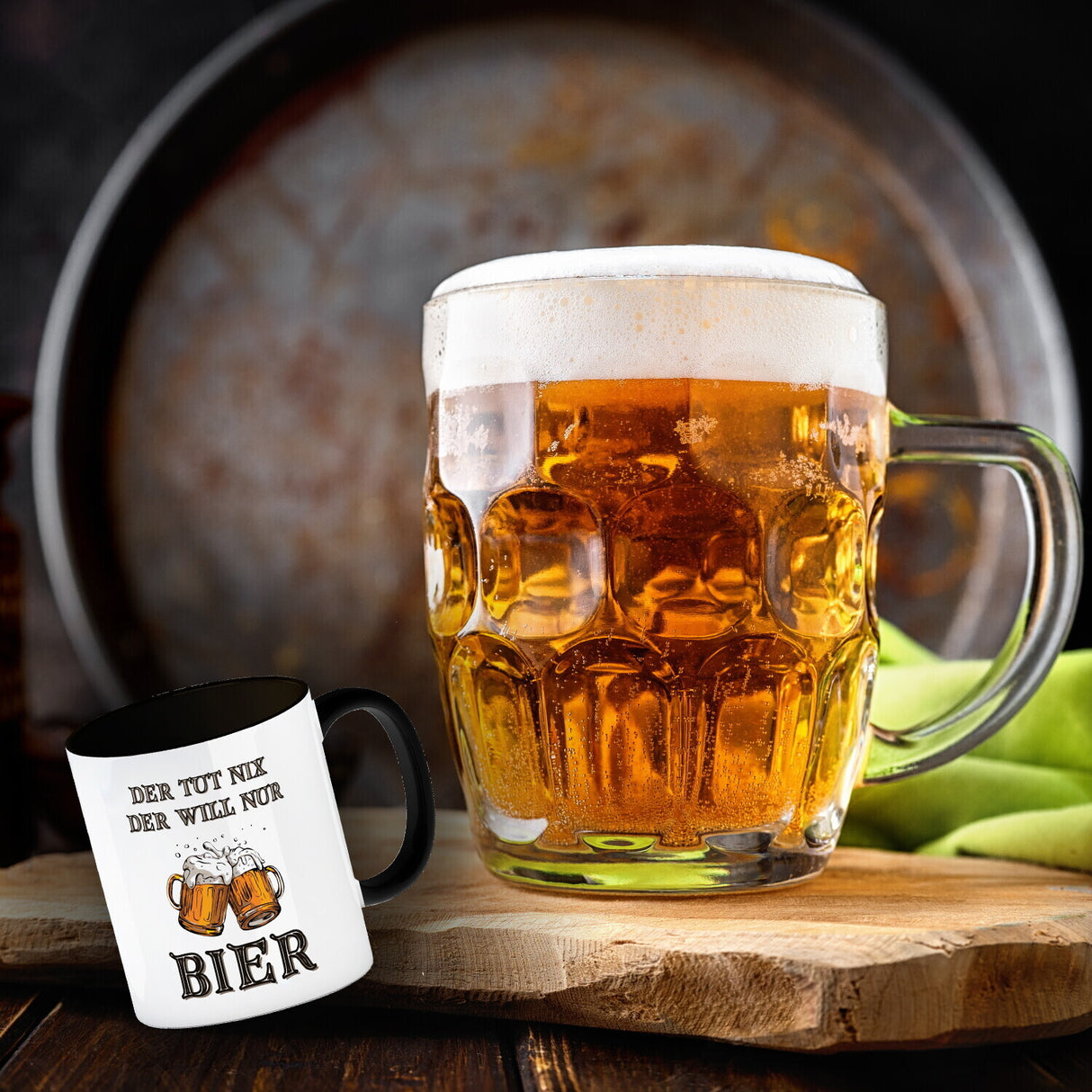 Bier Kaffeebecher mit Spruch Der tut nix der will nur Bier