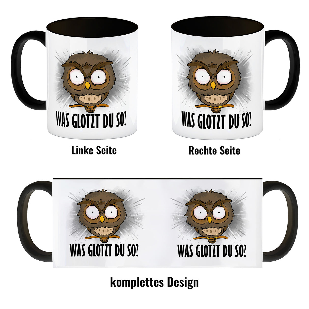 Eule Kaffeebecher mit Spruch Was glotzt du so?