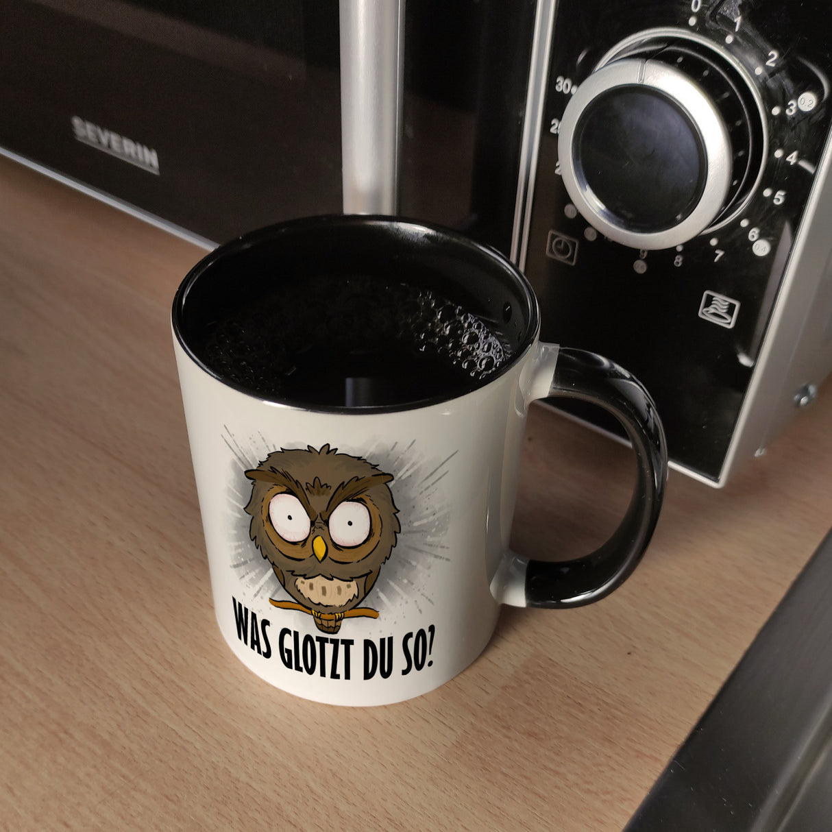 Eule Kaffeebecher mit Spruch Was glotzt du so?