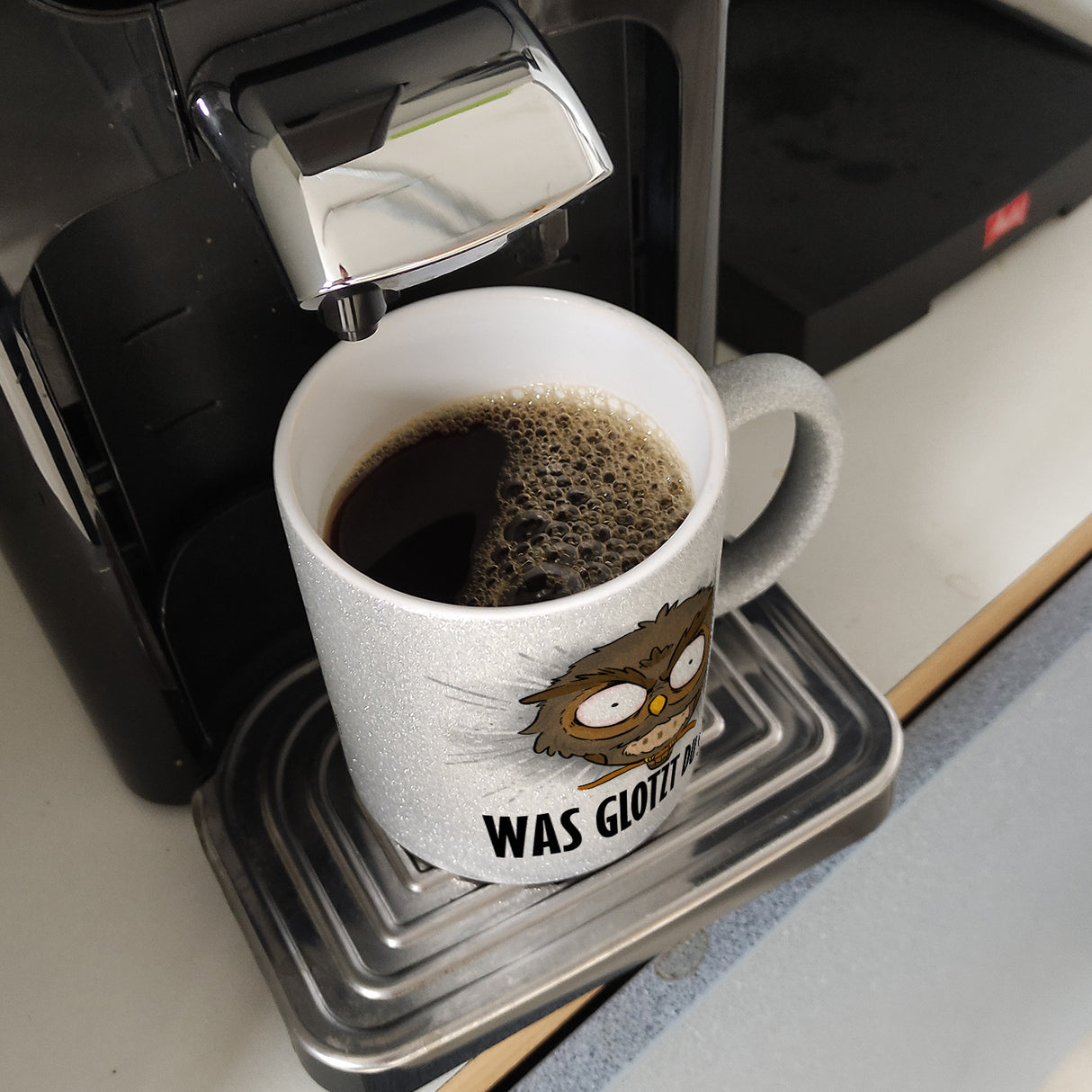 Eule Kaffeebecher mit Spruch Was glotzt du so?
