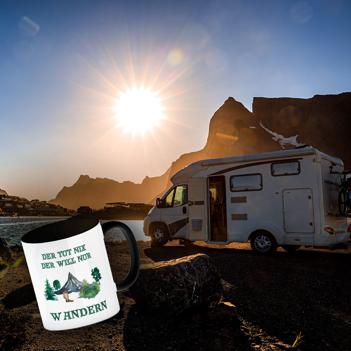 Wandern Kaffeebecher mit Spruch Der tut nix der will nur wandern
