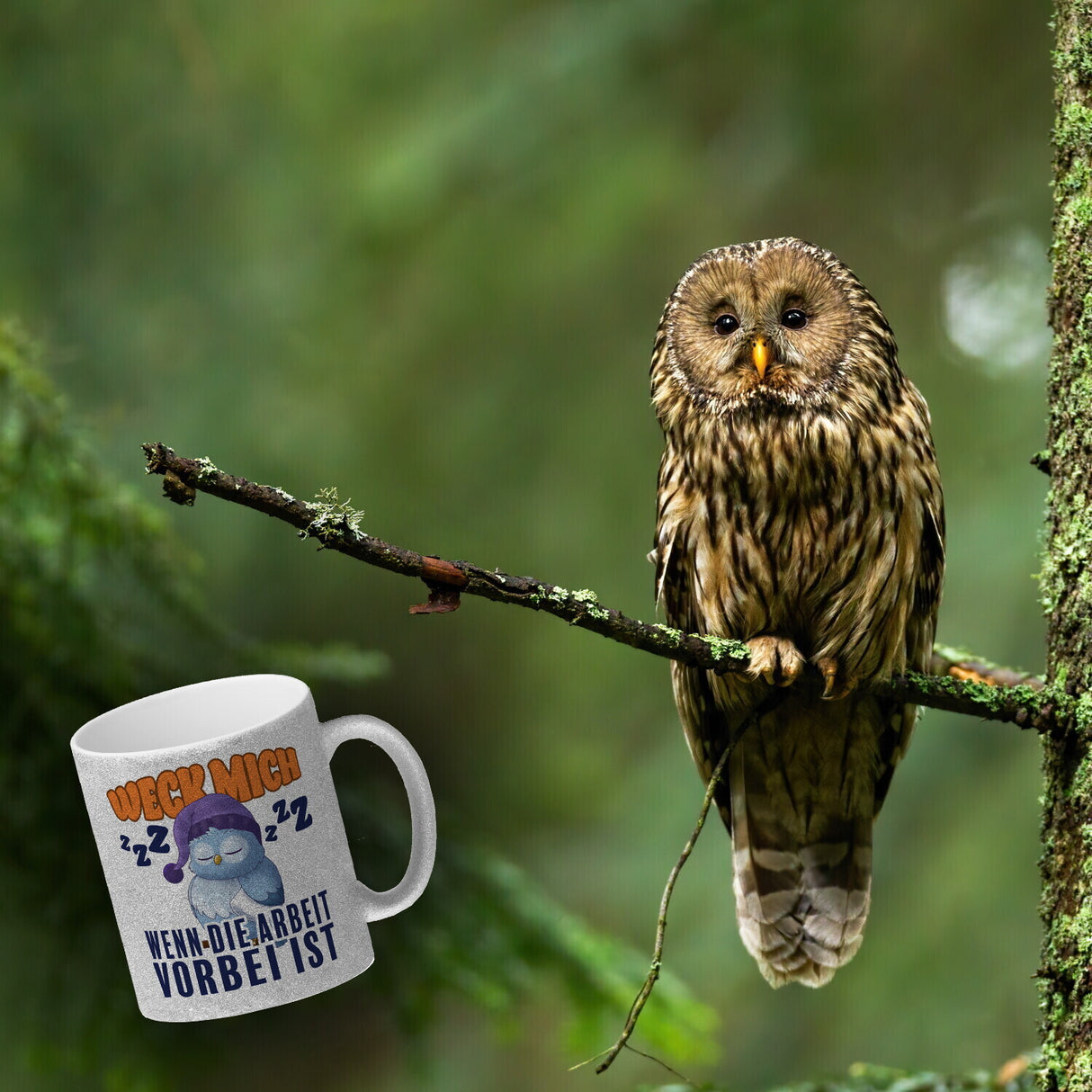 Schlafende Eule Kaffeebecher mit Spruch Weck mich wenn die Arbeit vorbei ist