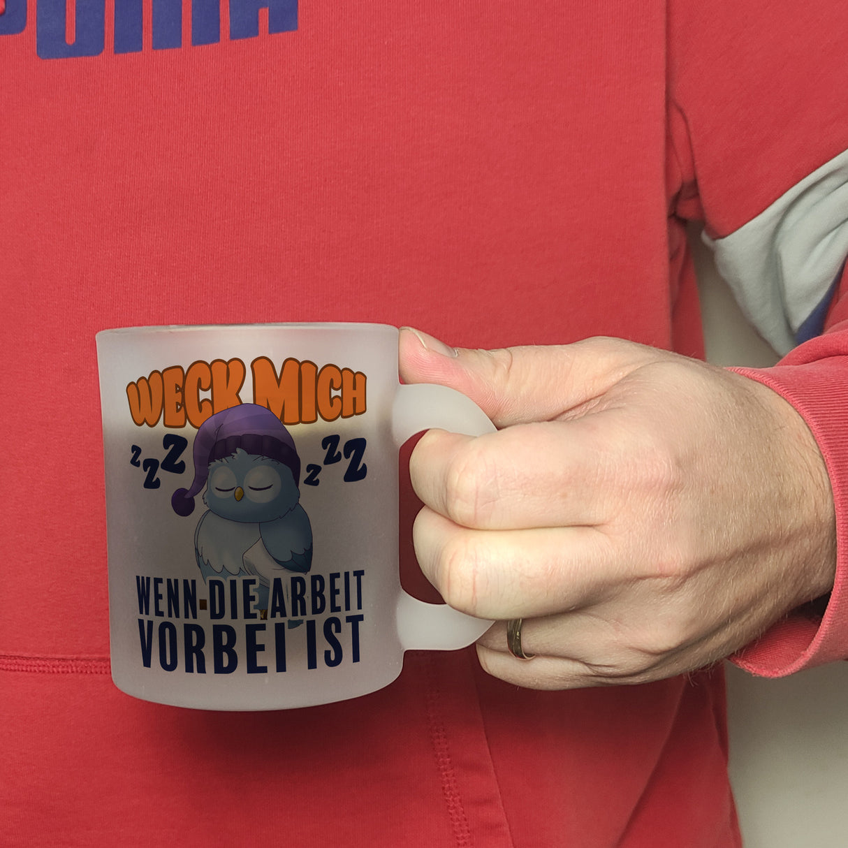 Schlafende Eule Kaffeebecher mit Spruch Weck mich wenn die Arbeit vorbei ist