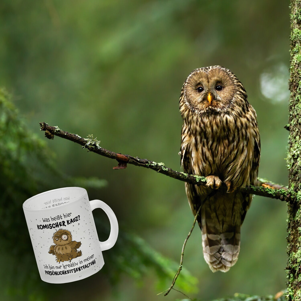 Eule Kaffeebecher mit Spruch Kreativ statt komischer Kauz