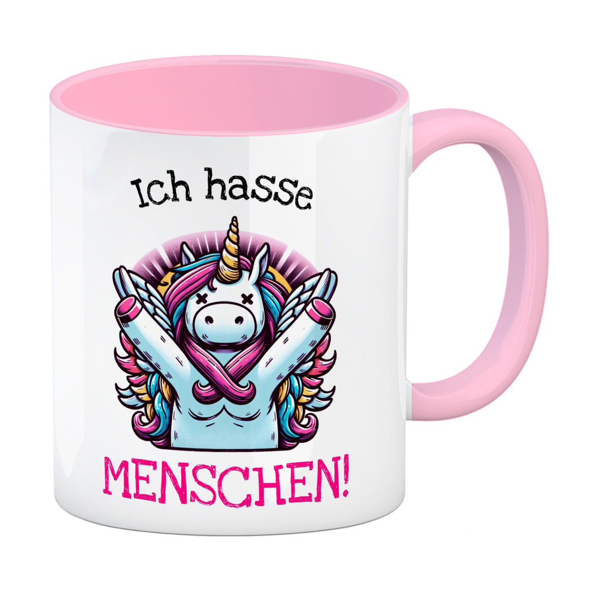 Einhorn Kaffeebecher mit Spruch Ich hasse Menschen!