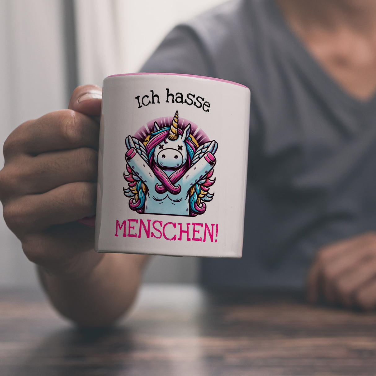 Einhorn Kaffeebecher mit Spruch Ich hasse Menschen!