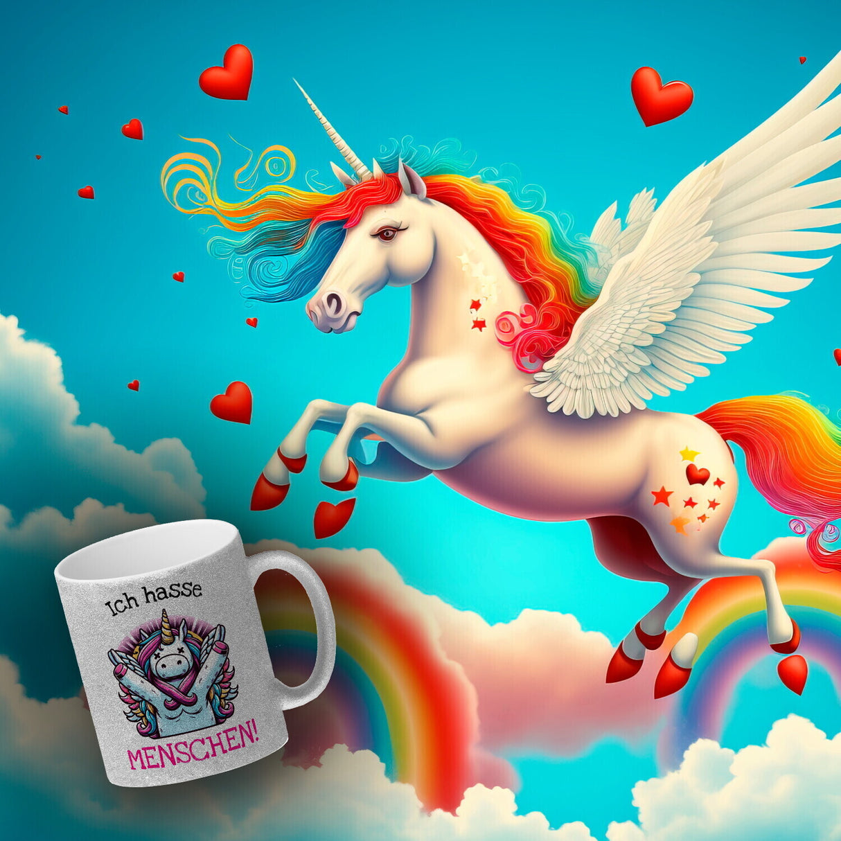 Einhorn Kaffeebecher mit Spruch Ich hasse Menschen!
