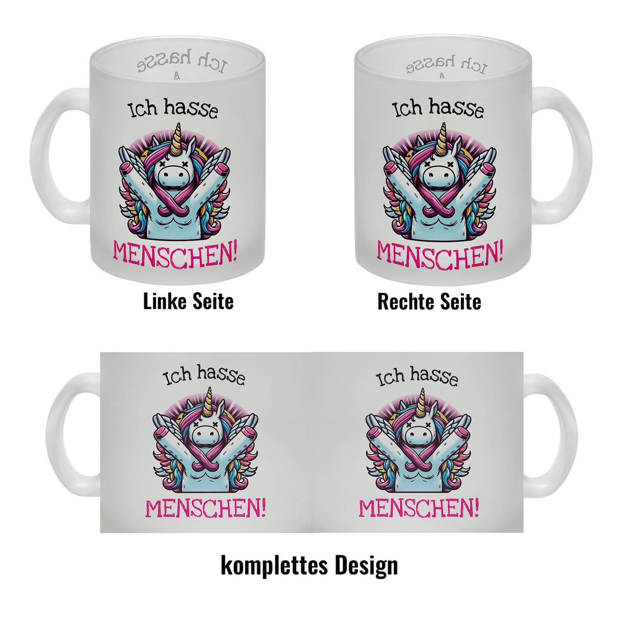 Einhorn Kaffeebecher mit Spruch Ich hasse Menschen!