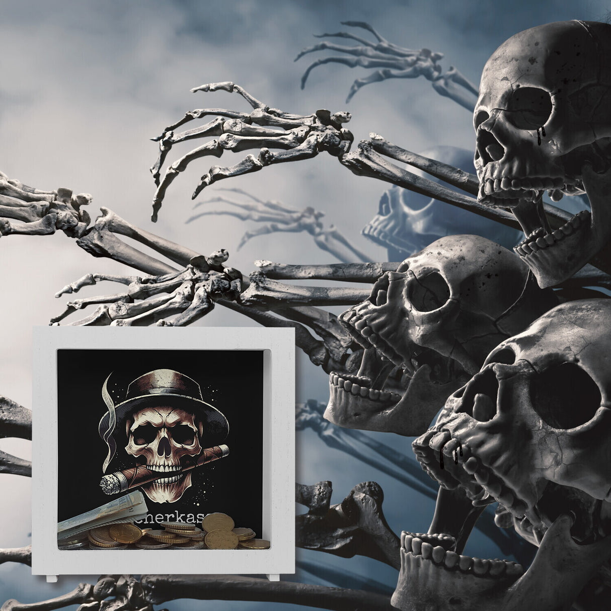 Raucherkasse mit Totenkopf Spardose