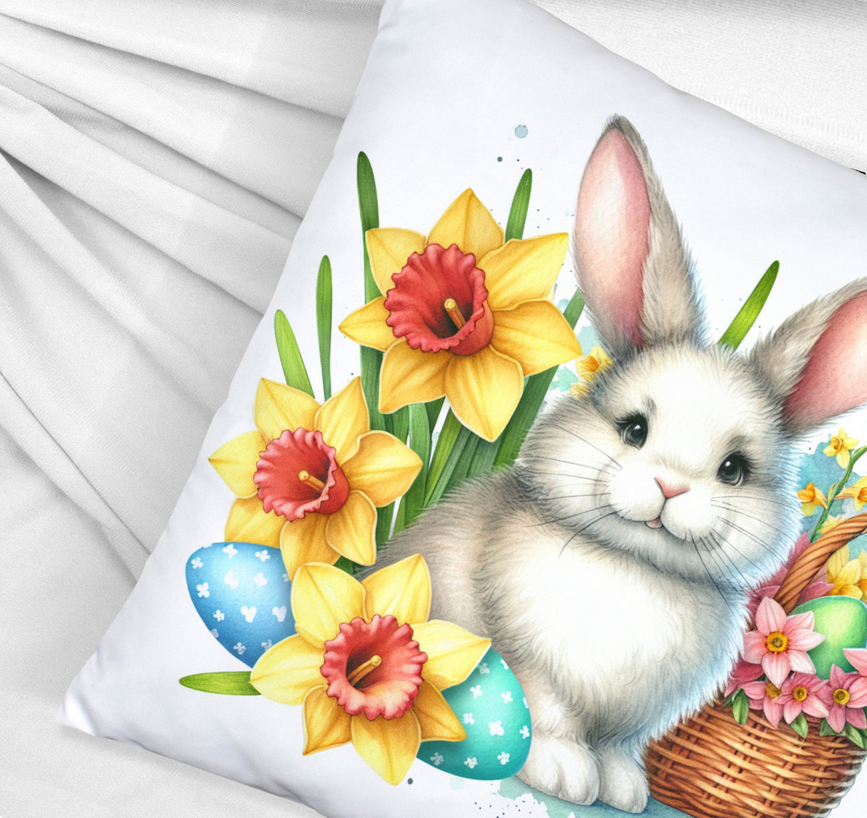 Niedlicher Osterhase mit Osterglocken Kissen
