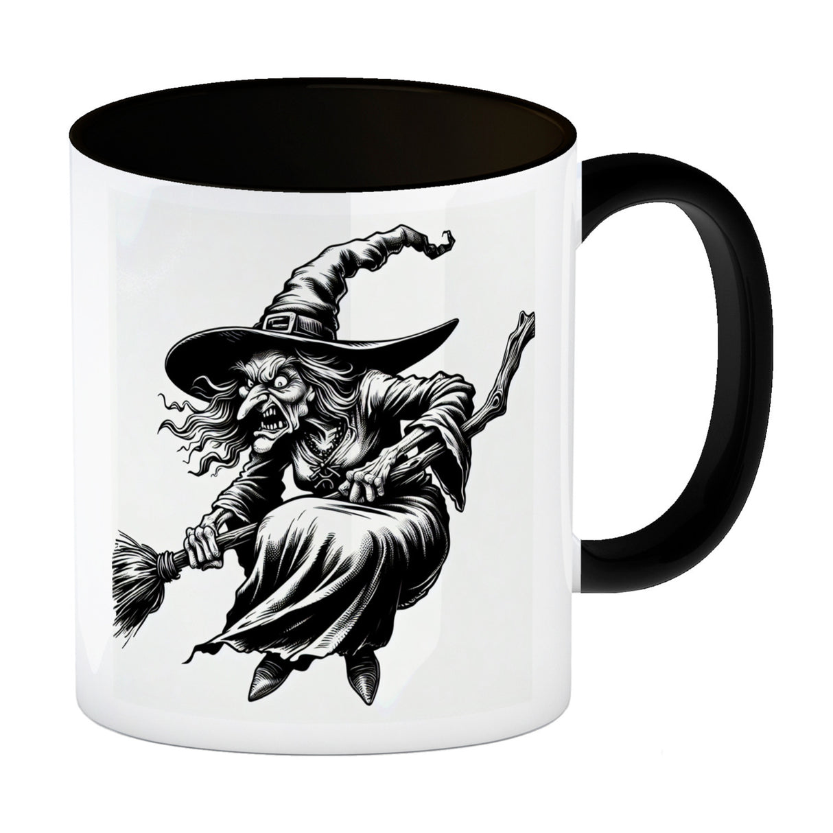 Böse Hexe auf Besen Kaffeebecher