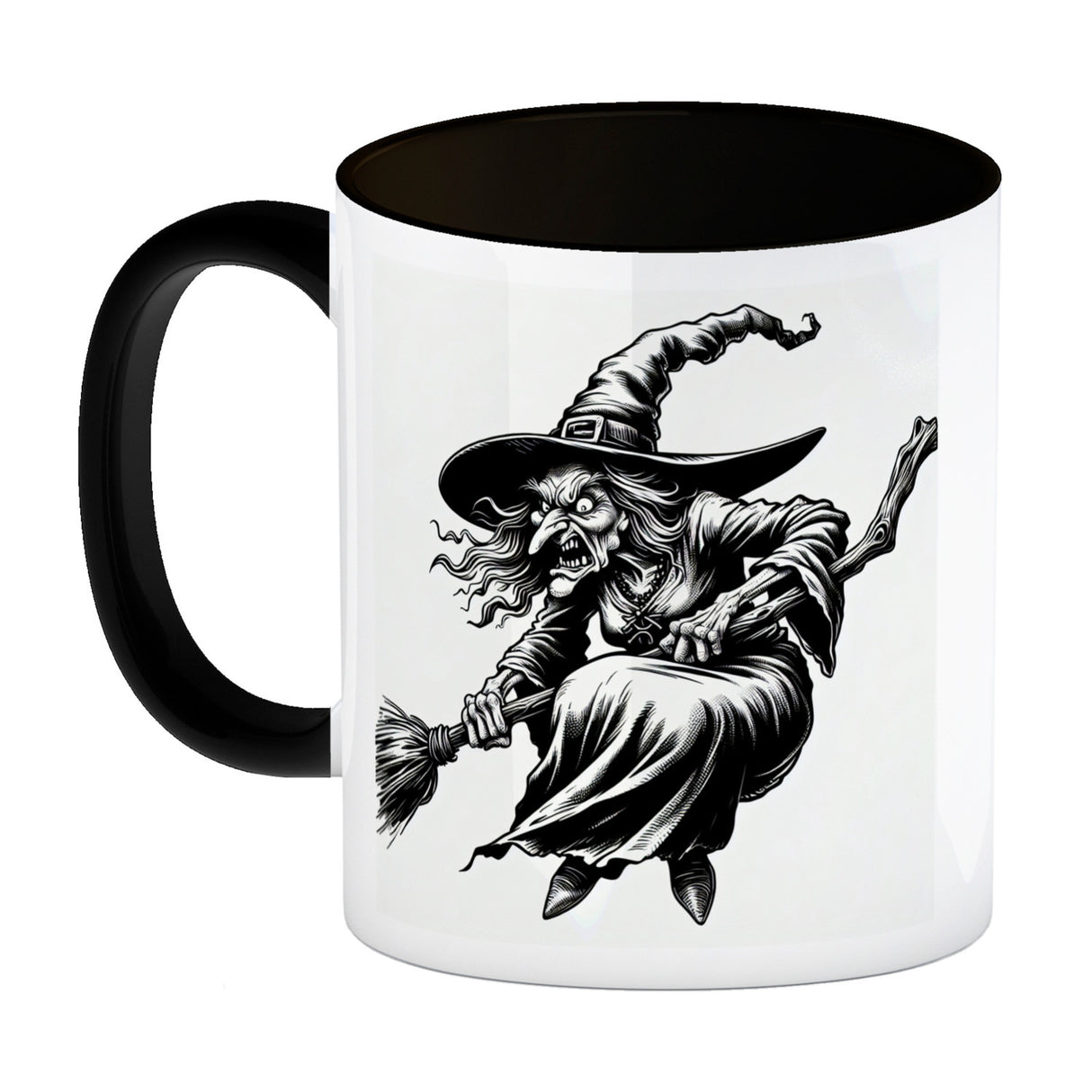 Böse Hexe auf Besen Kaffeebecher