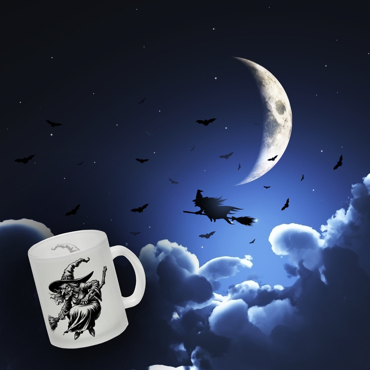 Böse Hexe auf Besen Kaffeebecher
