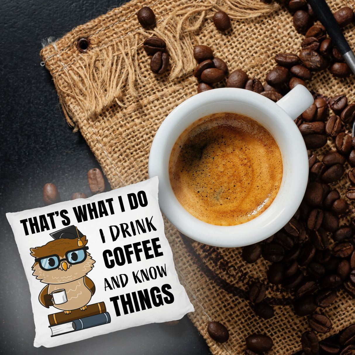 Eule Kissen mit Spruch I drink coffee and know things