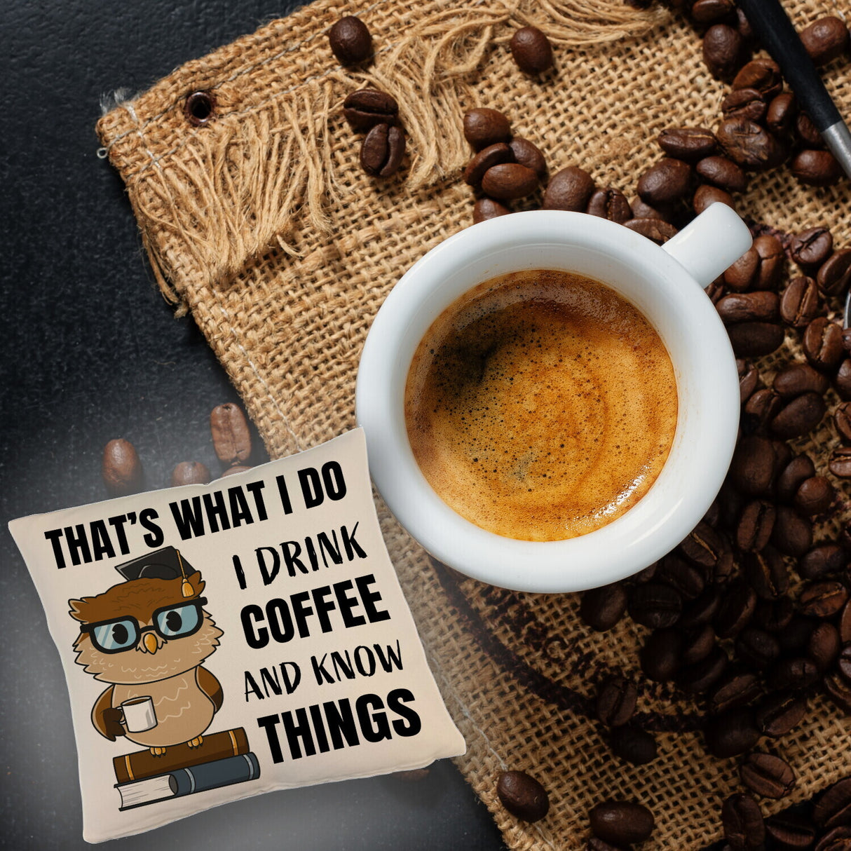 Eule Kissen mit Spruch I drink coffee and know things