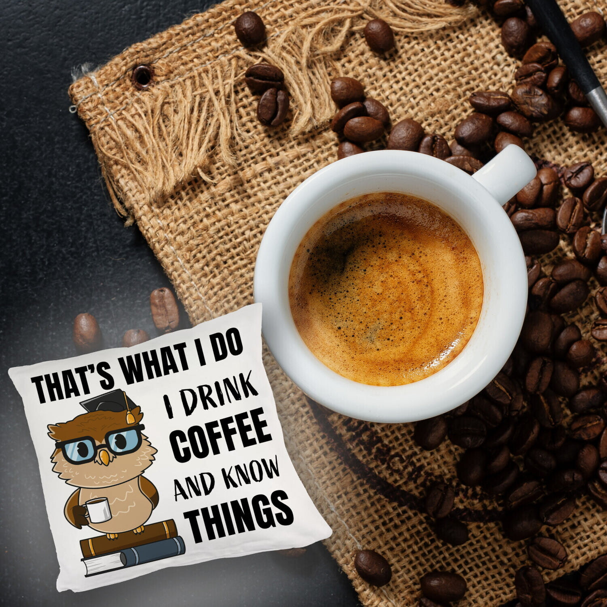 Eule Kissen mit Spruch I drink coffee and know things