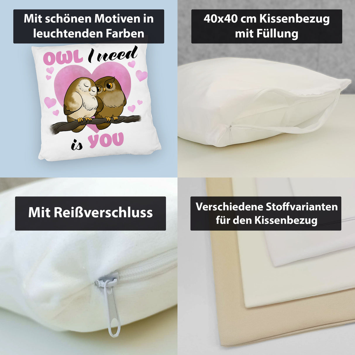 Eulenpaar Kissen mit Spruch Owl I need is you
