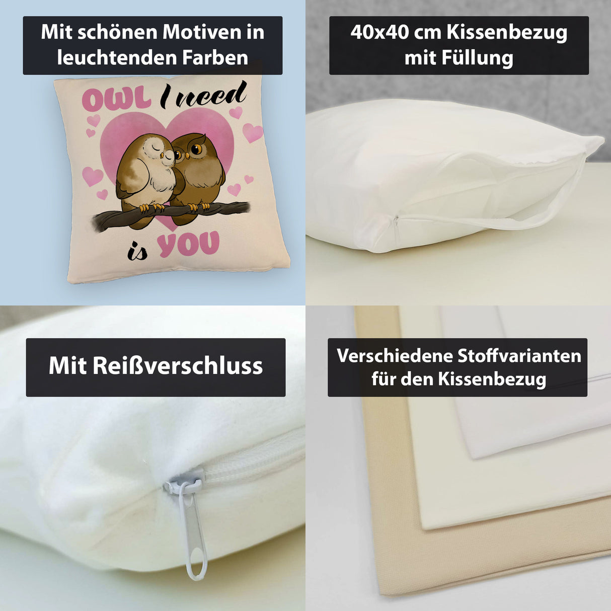 Eulenpaar Kissen mit Spruch Owl I need is you