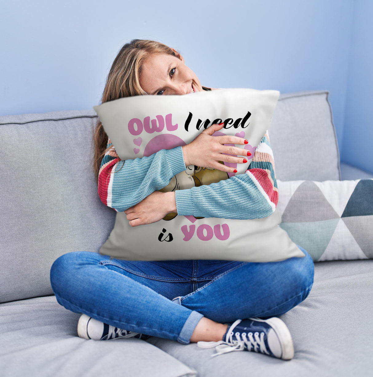 Eulenpaar Kissen mit Spruch Owl I need is you