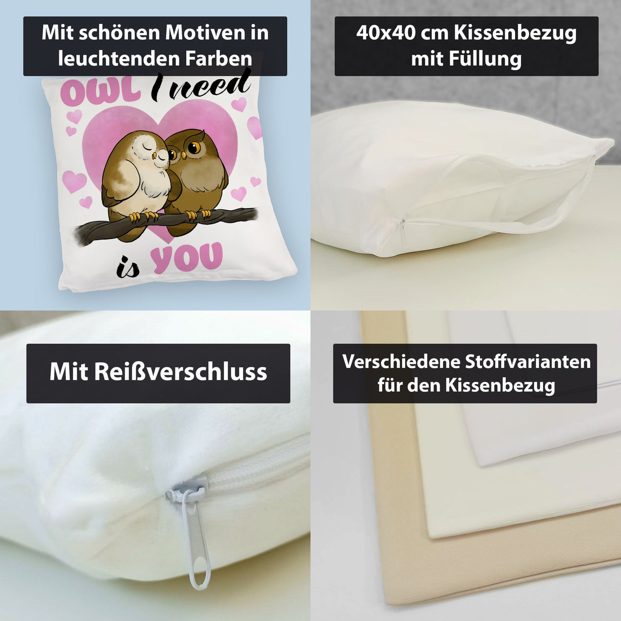 Eulenpaar Kissen mit Spruch Owl I need is you