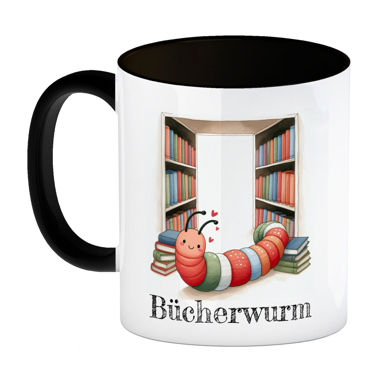 Bücherwurm Kaffeebecher mit Wurm in der Bibliothek