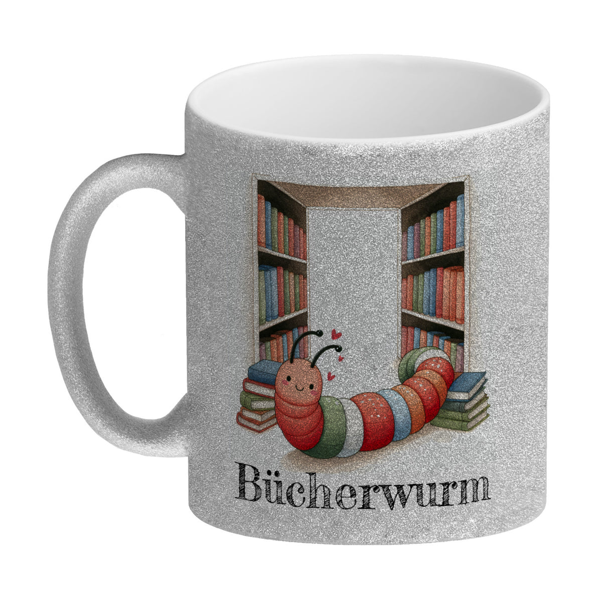 Bücherwurm Kaffeebecher mit Wurm in der Bibliothek