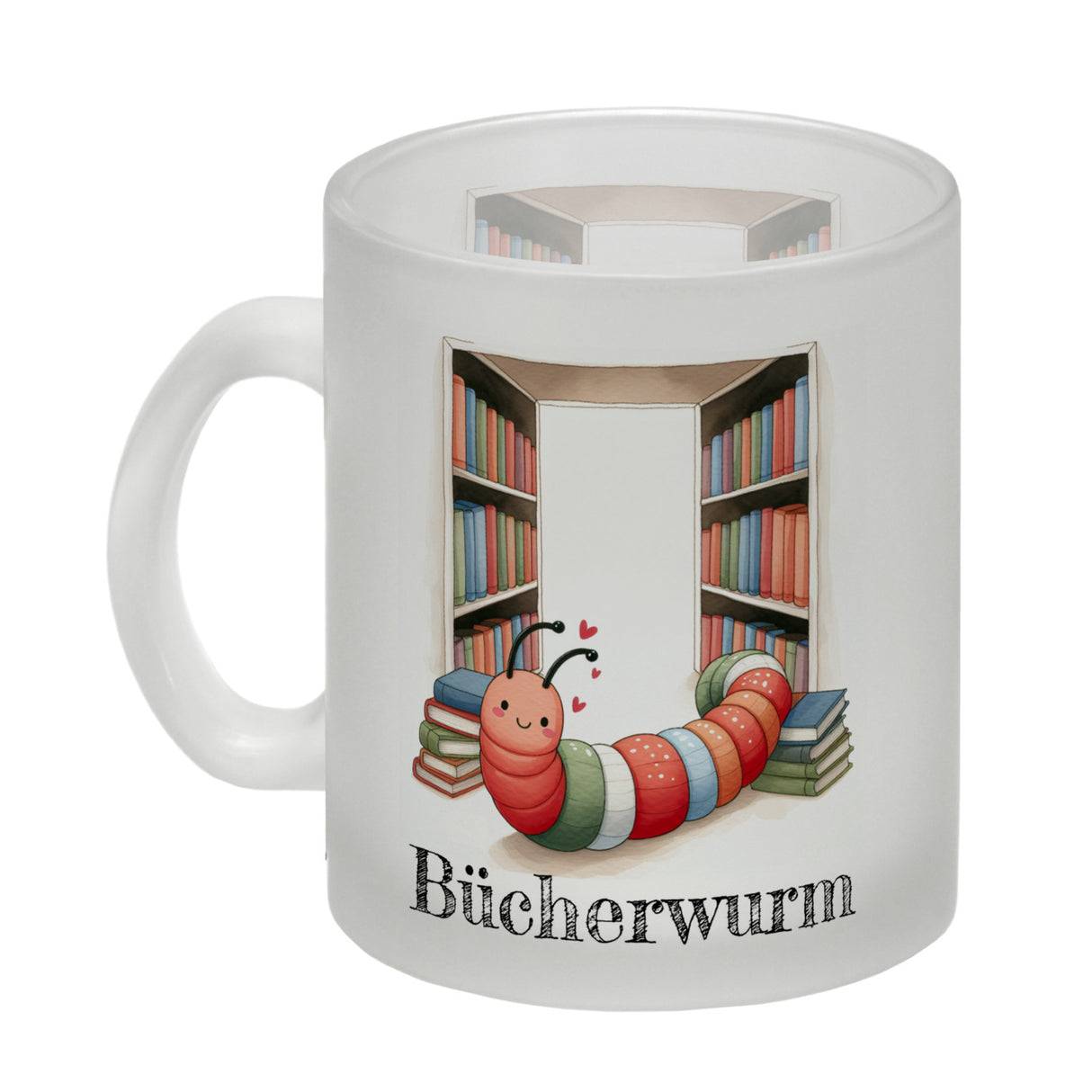 Bücherwurm Kaffeebecher mit Wurm in der Bibliothek