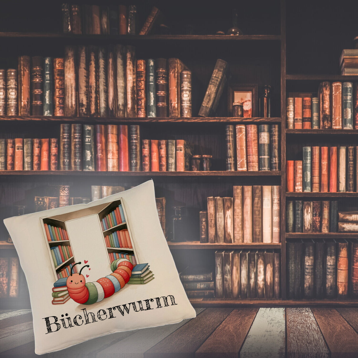Bücherwurm Kissen mit Wurm in der Bibliothek