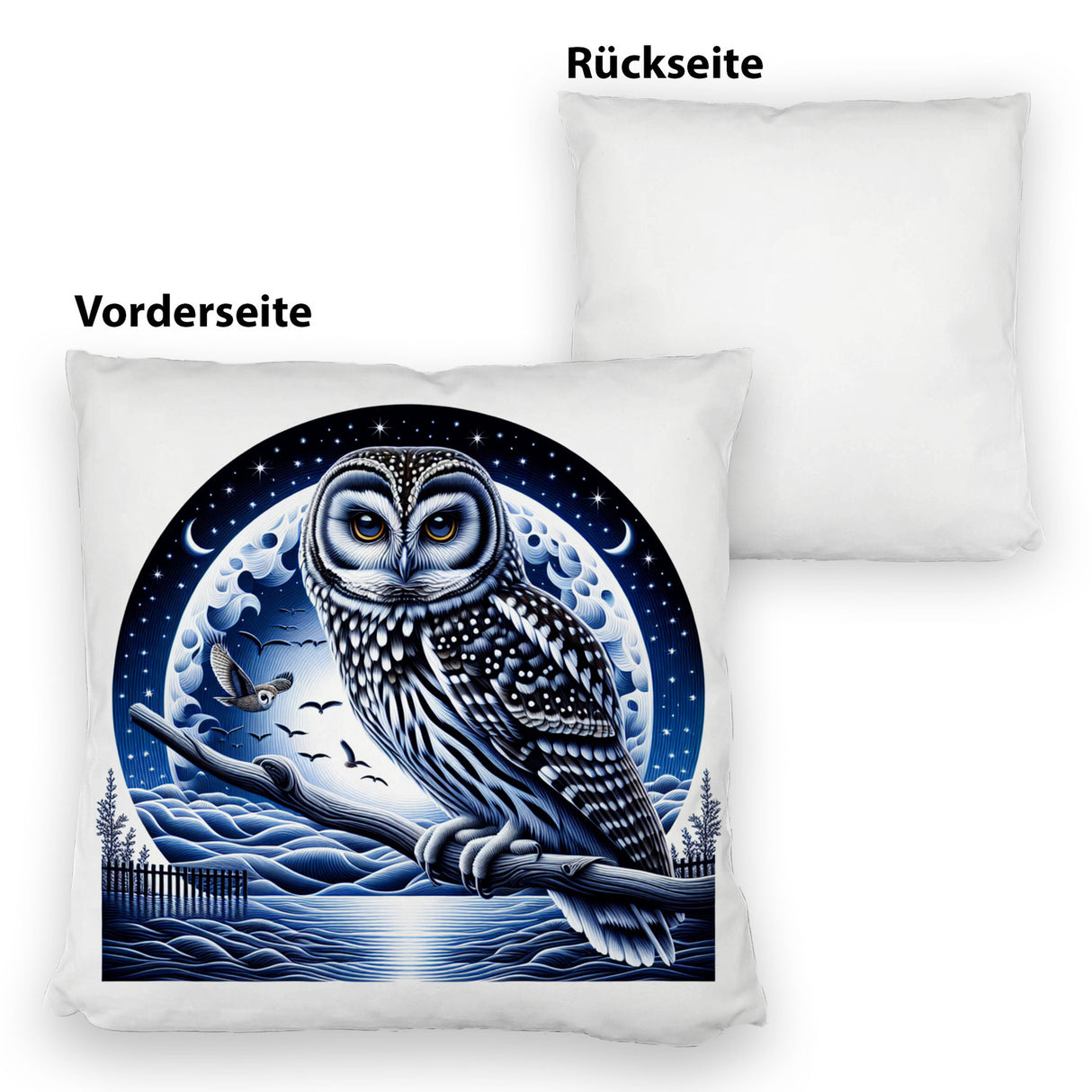 Eule auf einem Ast im Mondschein Kissen