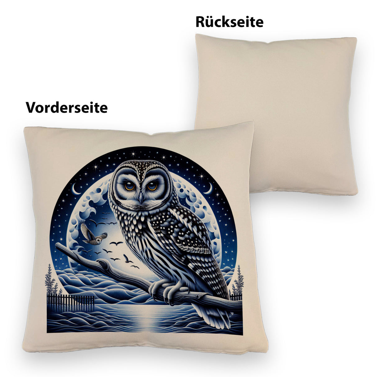 Eule auf einem Ast im Mondschein Kissen