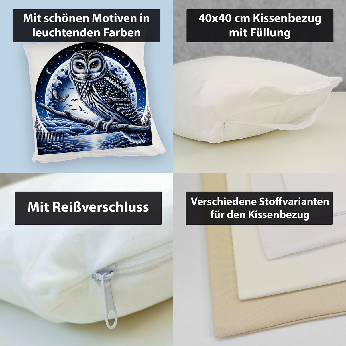 Eule auf einem Ast im Mondschein Kissen