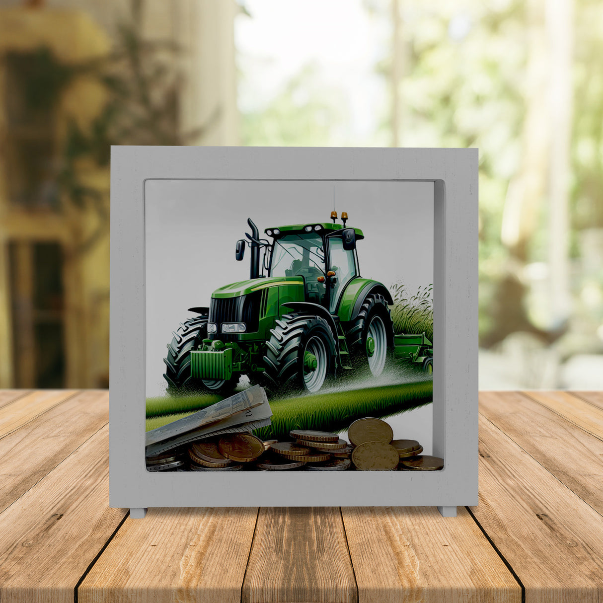 Traktor bei der Feldarbeit Spardose