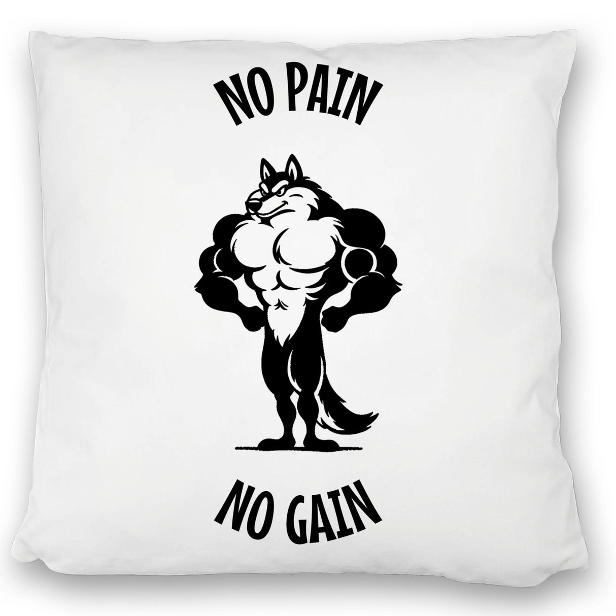 Muskulöser Fitness-Wolf Kissen mit Spruch NO PAIN NO GAIN