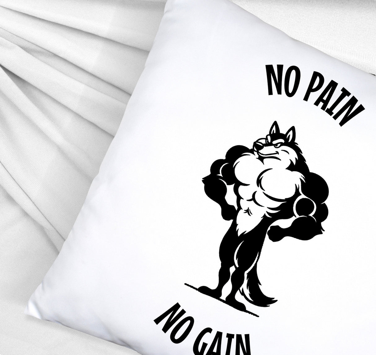 Muskulöser Fitness-Wolf Kissen mit Spruch NO PAIN NO GAIN
