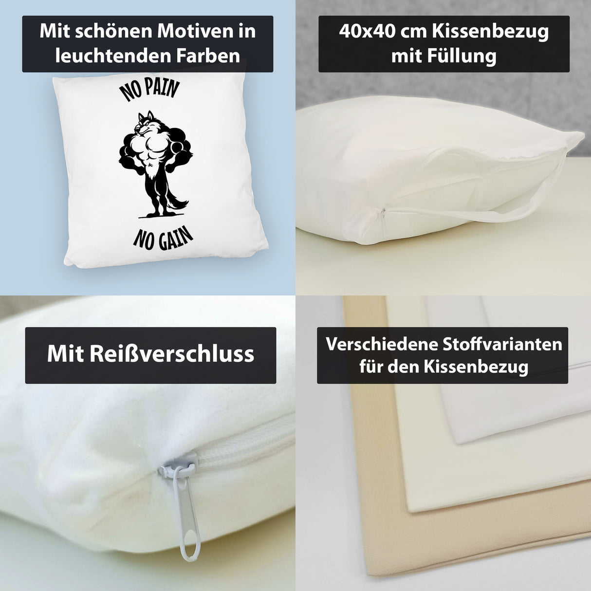 Muskulöser Fitness-Wolf Kissen mit Spruch NO PAIN NO GAIN