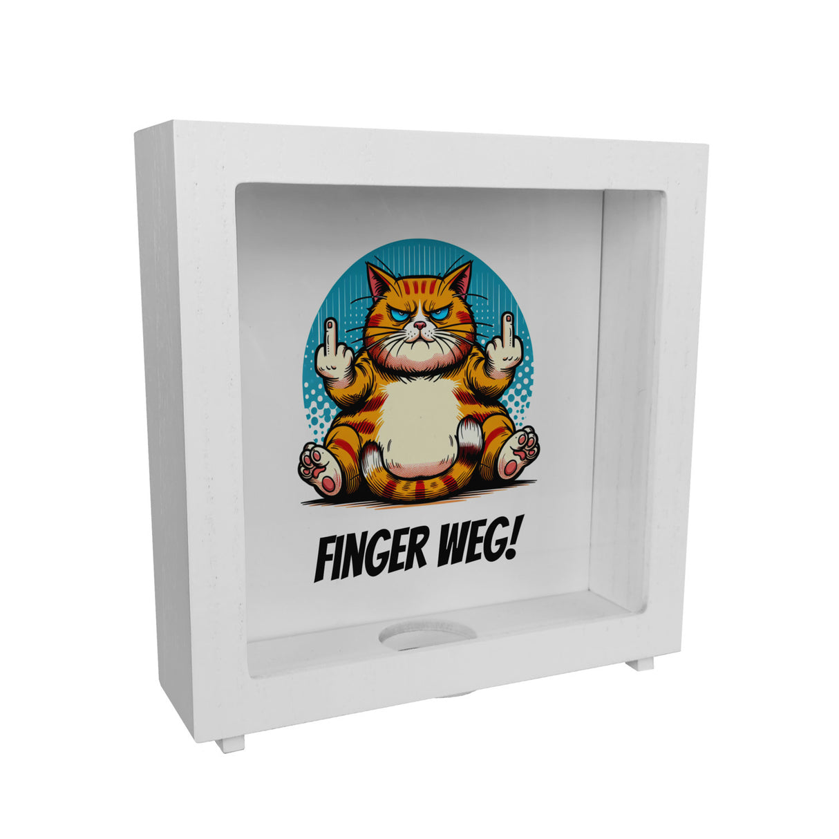 Katze Mittelfinger Spardose mit Spruch Finger weg!