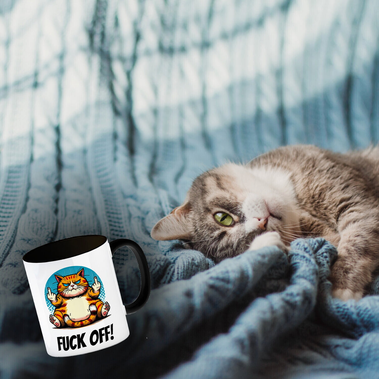 Katze Mittelfinger Kaffeebecher mit Spruch Fuck OFF!