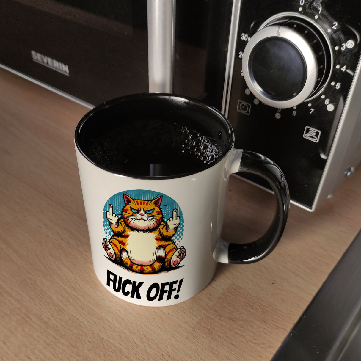 Katze Mittelfinger Kaffeebecher mit Spruch Fuck OFF!