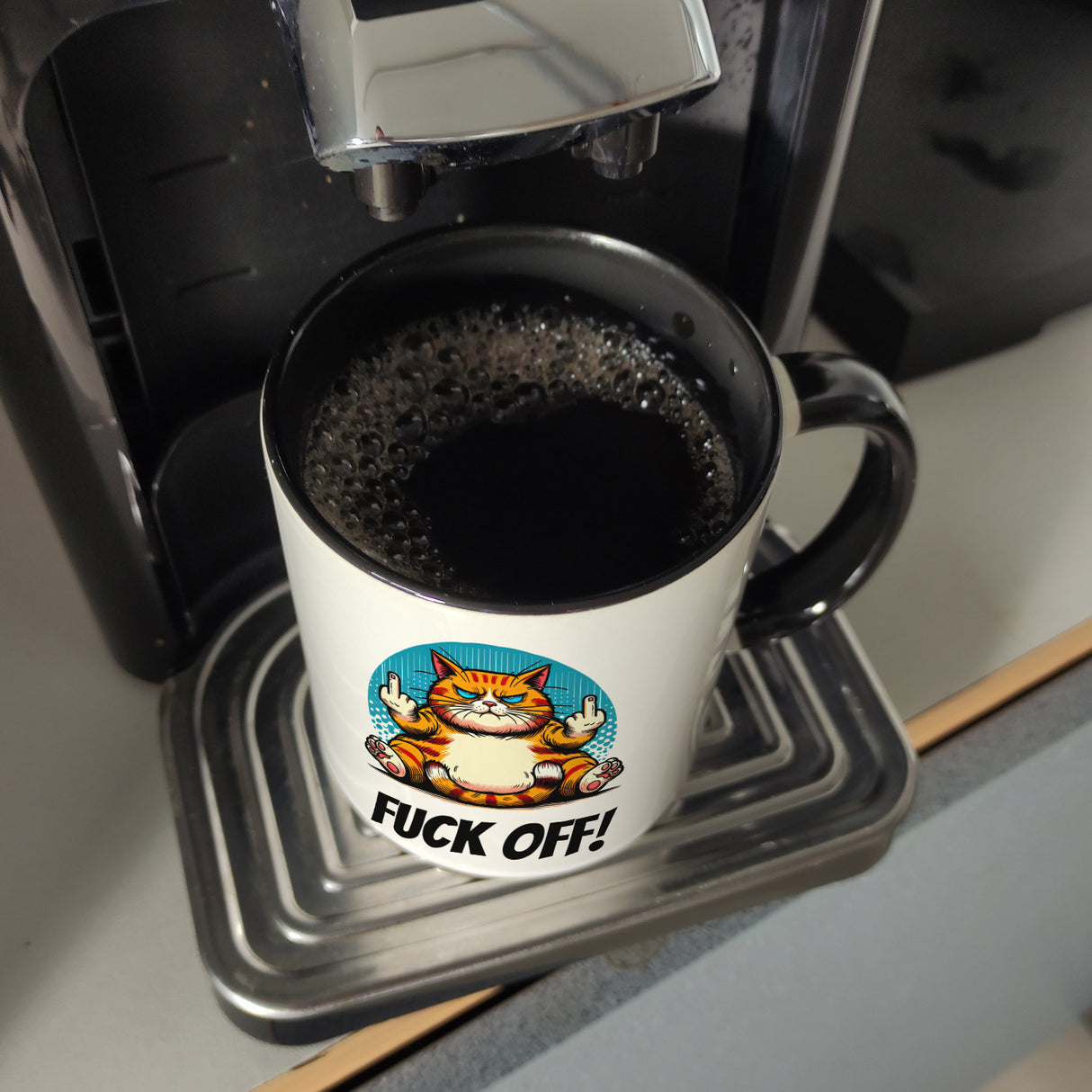 Katze Mittelfinger Kaffeebecher mit Spruch Fuck OFF!