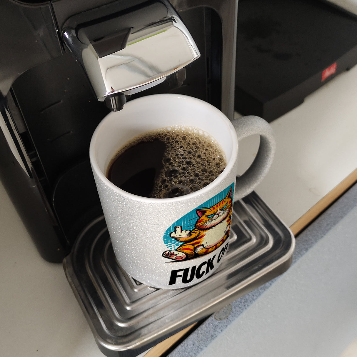 Katze Mittelfinger Kaffeebecher mit Spruch Fuck OFF!