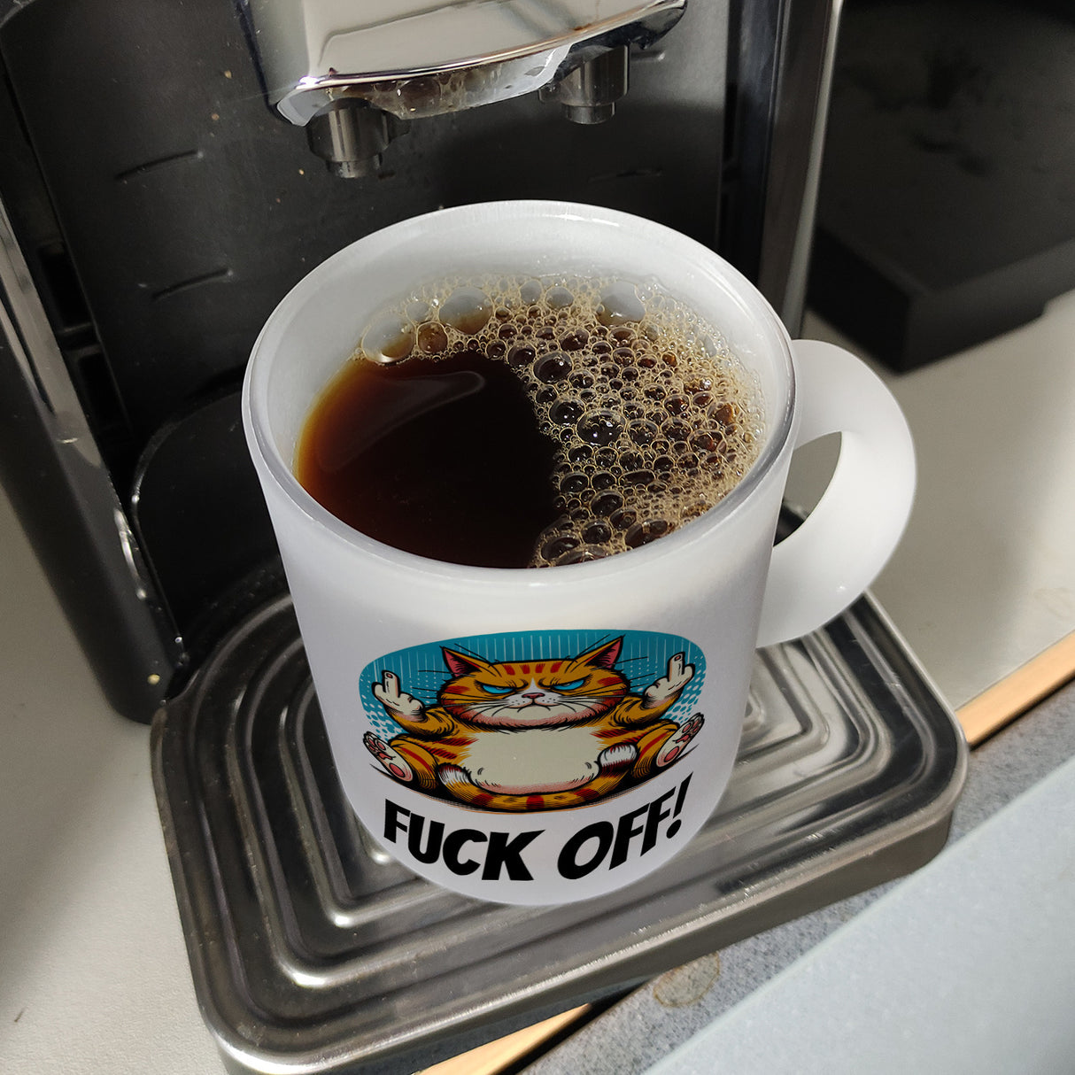 Katze Mittelfinger Kaffeebecher mit Spruch Fuck OFF!
