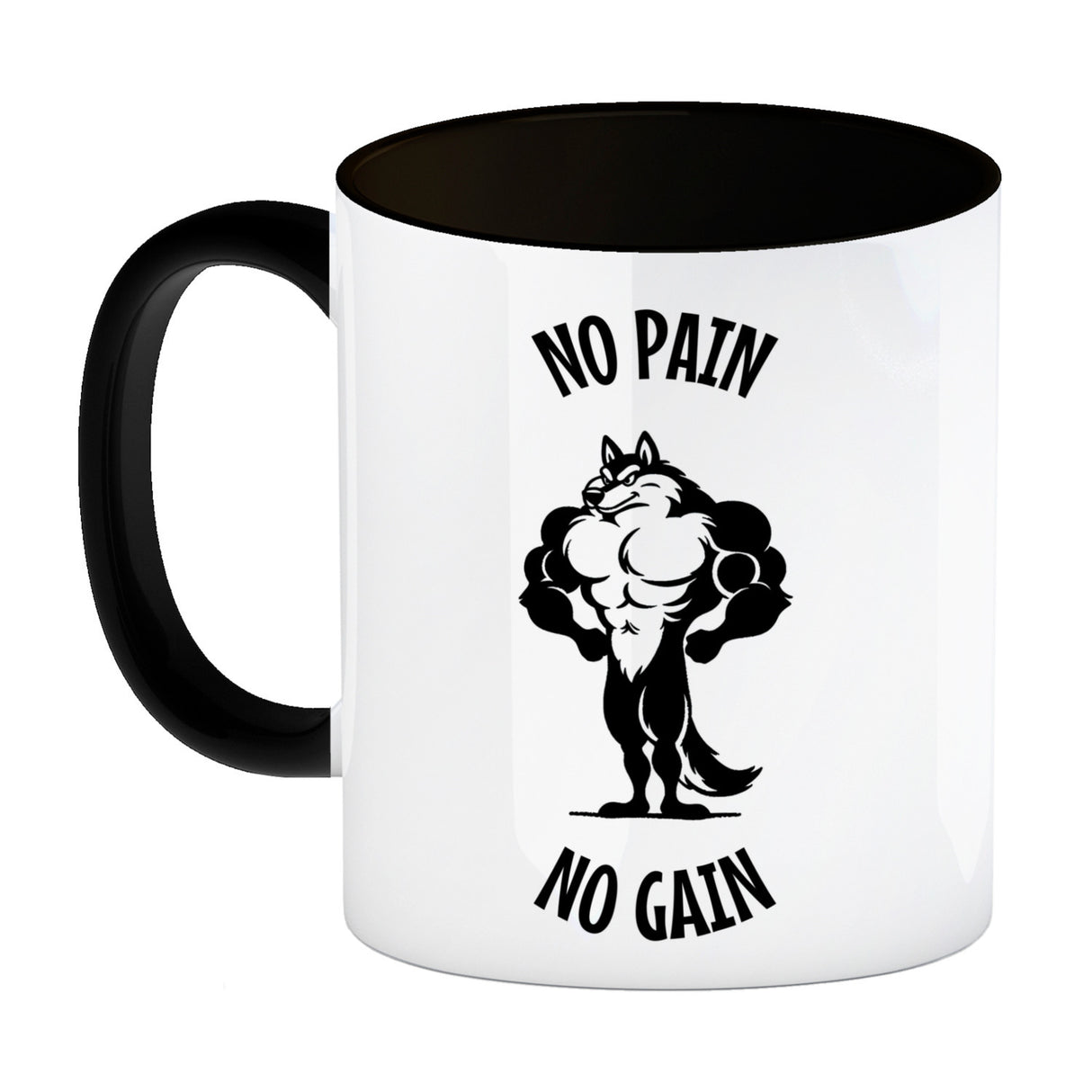 Muskulöser Fitness-Wolf Kaffeebecher mit Spruch NO PAIN NO GAIN