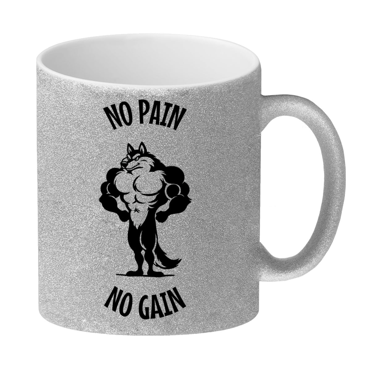 Muskulöser Fitness-Wolf Kaffeebecher mit Spruch NO PAIN NO GAIN