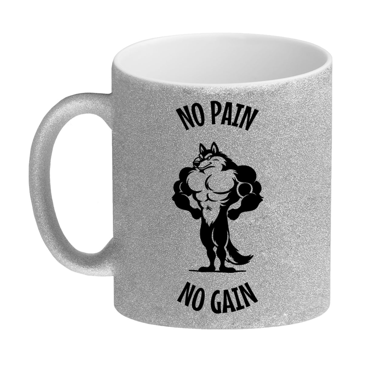 Muskulöser Fitness-Wolf Kaffeebecher mit Spruch NO PAIN NO GAIN