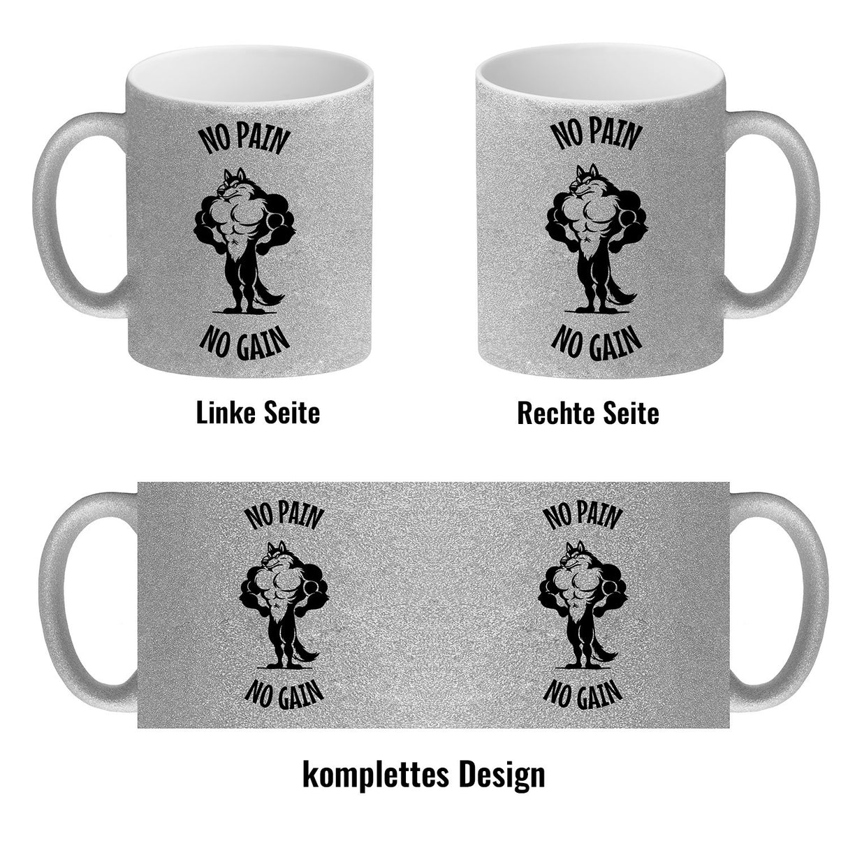 Muskulöser Fitness-Wolf Kaffeebecher mit Spruch NO PAIN NO GAIN