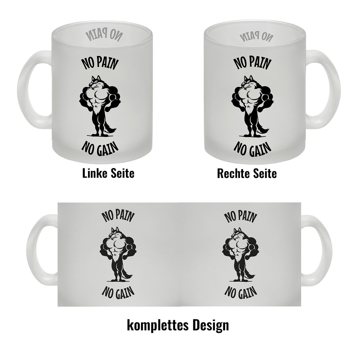 Muskulöser Fitness-Wolf Kaffeebecher mit Spruch NO PAIN NO GAIN