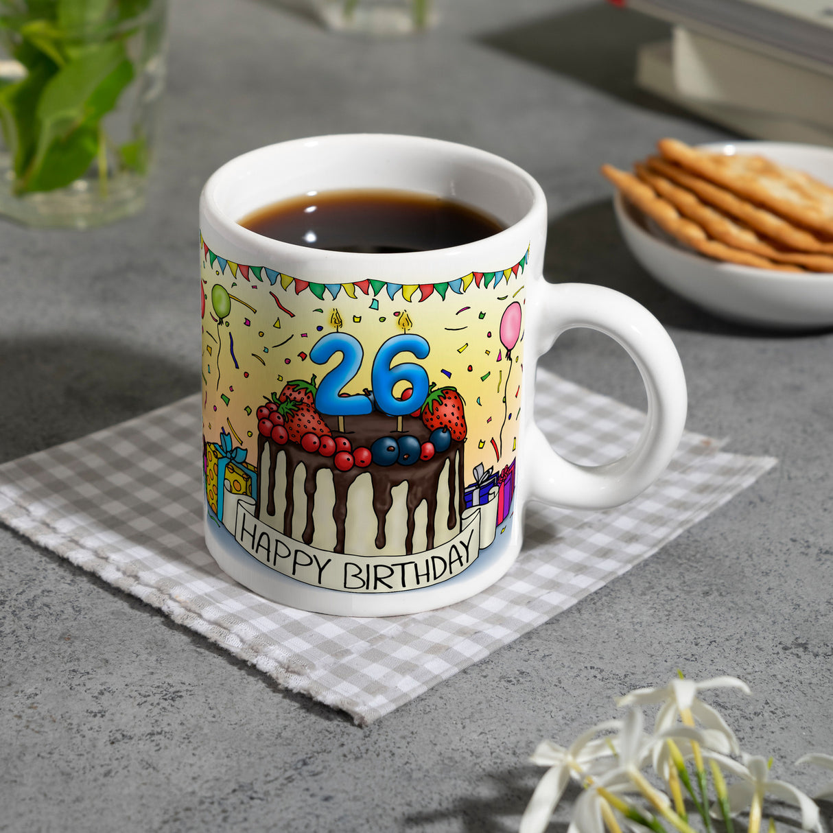 26. Geburtstag Tasse mit Kuchen und Geschenk und Anhänger: zum 9497. Tag