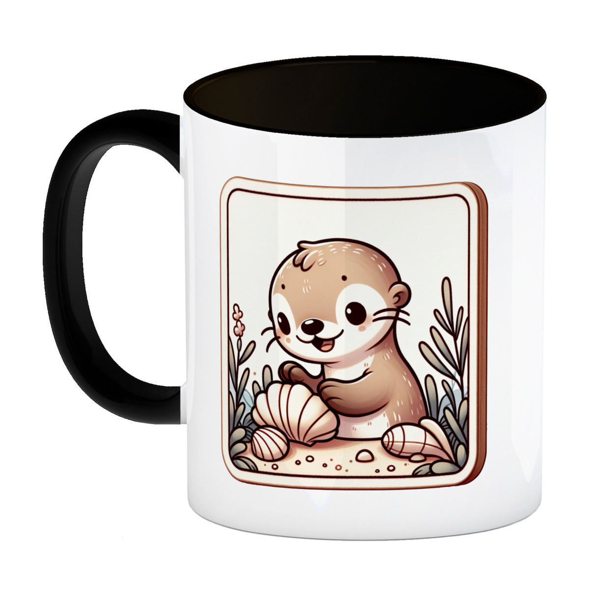 Baby Otter mit Muschel Retro Kaffeebecher