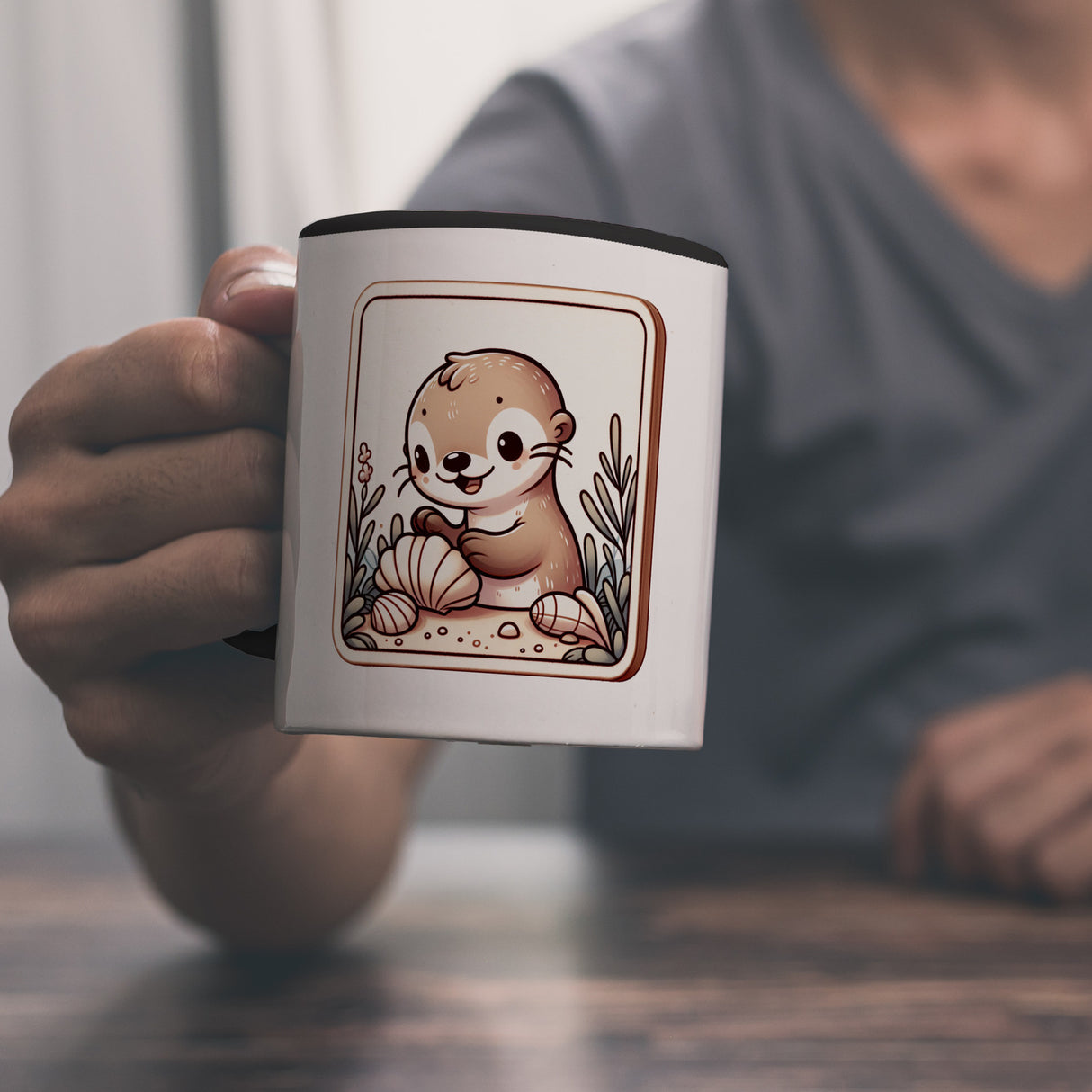 Baby Otter mit Muschel Retro Kaffeebecher