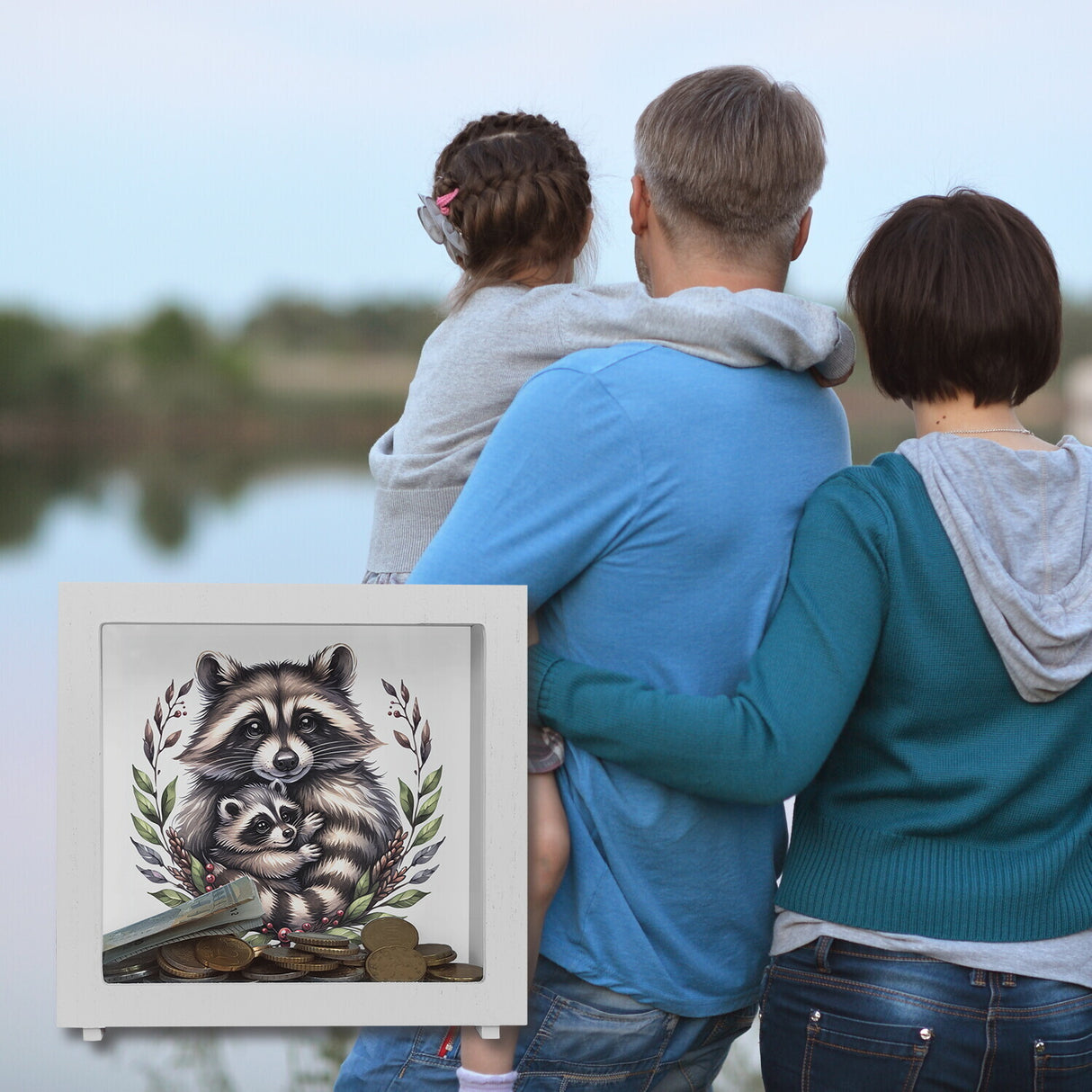 Waschbärmama mit Baby Spardose